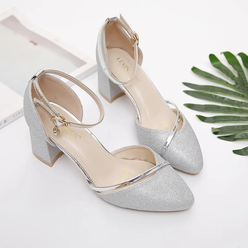 Women Classic Sexy Party Silver Square Heel Shoes.