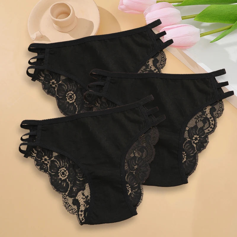 3PC/Set Women Sexy Floral Lace Panties, Low Rise Hollow Out Briefs, Transparent Female Elastic Straps Soft Lingerie.