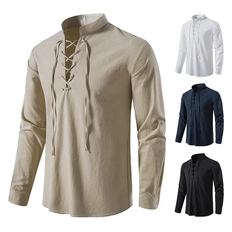 Men Shirts Casual Cotton Linen Long Sleeve Shirt Spring, Autumn Vintage Shirt US Size Drawstring Neck.