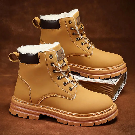 Big Size Yellow Winter Cotton Shoes For Men, Thick Sole Boots Plush Warm For Cold Weather.