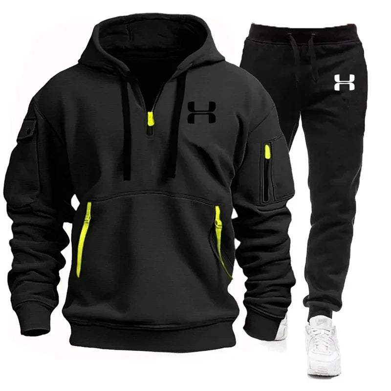 Men autumn and winter new zipper long sleeved hooded sweatshirt, sports and casual pants, two-piece fitness jogging suit.