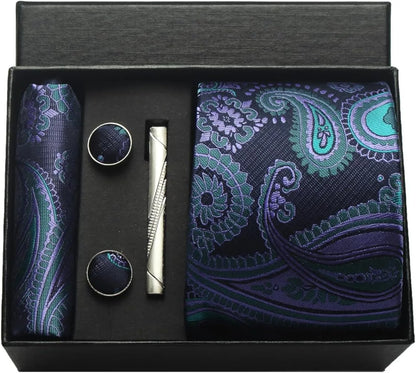 100% Silk Necktie Paisley Floral Men Business Tie, Pocket Square ,Tie Clip ,Cufflinks Set  Gift Box.