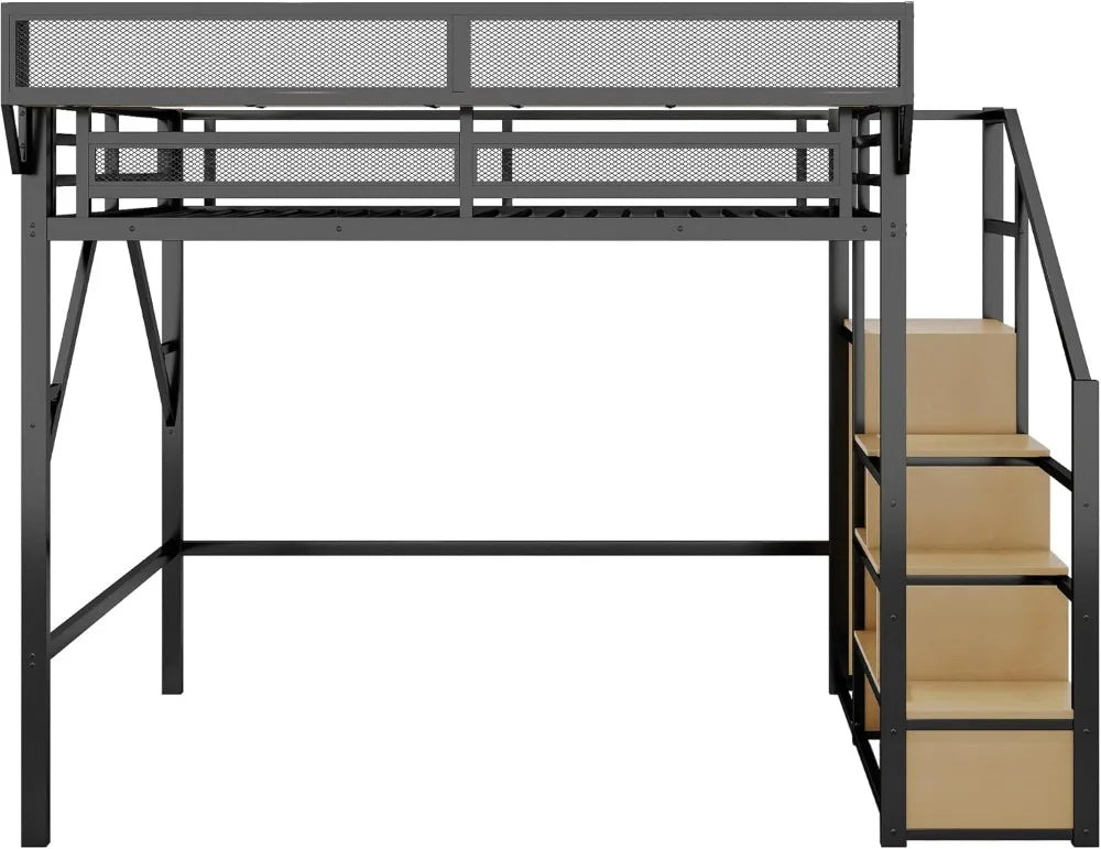 Queen Loft Bed with Staircase, Storage Shelves & Wardrobe, Metal Frame, Easy Assembly, Black