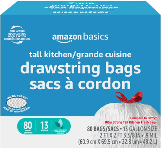 Ultra-Force Tall Kitchen Drawstring Trash Bags, Classic Clean Scented, 13 Gallon, 80 Count.