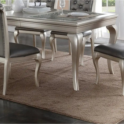 7pc Rect. Glass Dining Table Set w/ Silver Hue & 6 Tufted Side Chairs for Dining Room