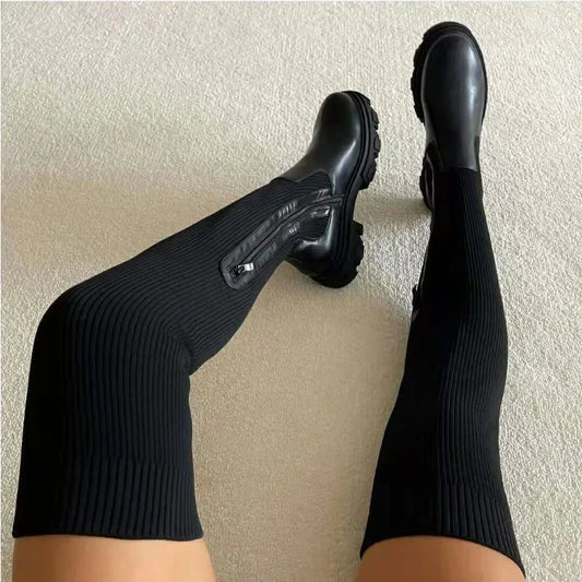 Women Thick Sole Boots, 2024 Autumn Winter Breathable Thigh High Shoes.