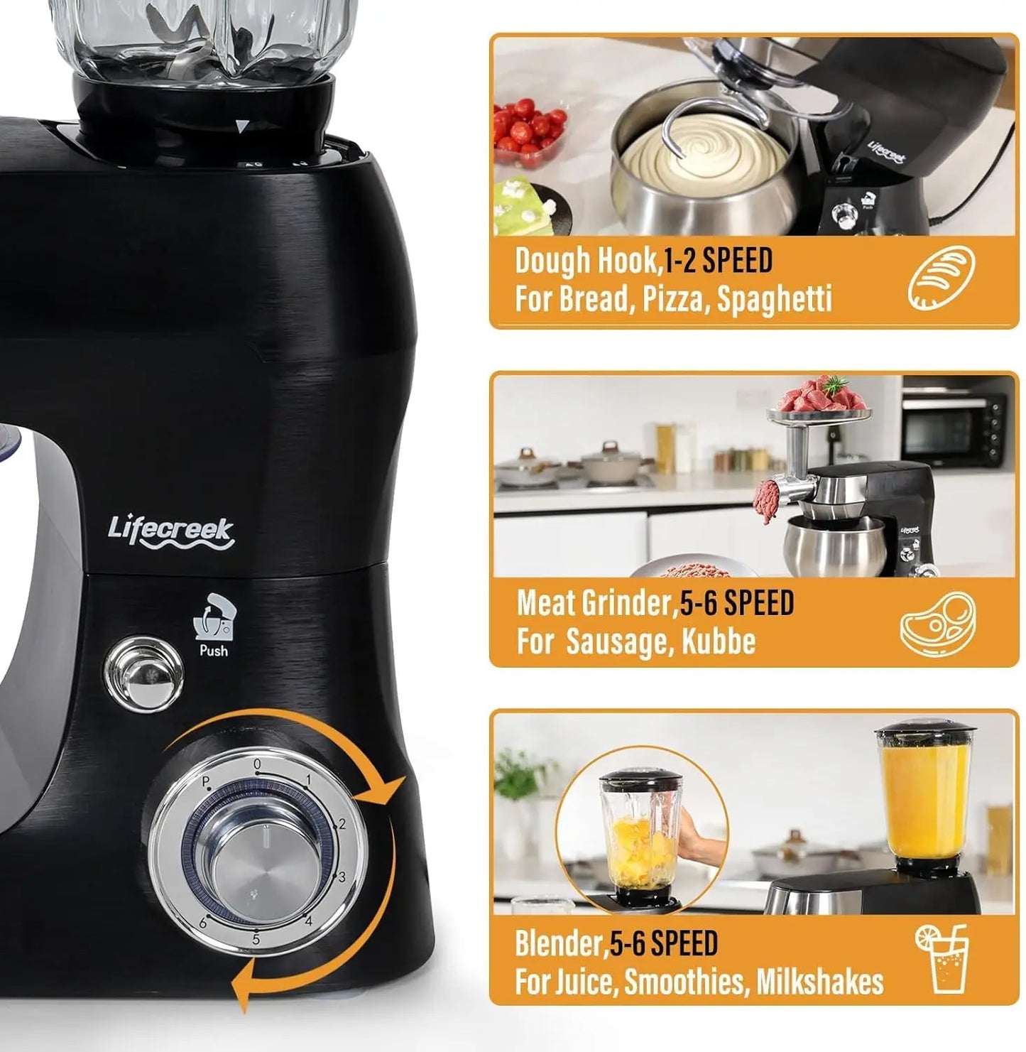 3-in-1 Multifunctional Stand Mixer, 5.3Qt 660W, 6-Speed Tilt-head with Stainless Steel Bowl, Meat Grinder, Juice Blender.