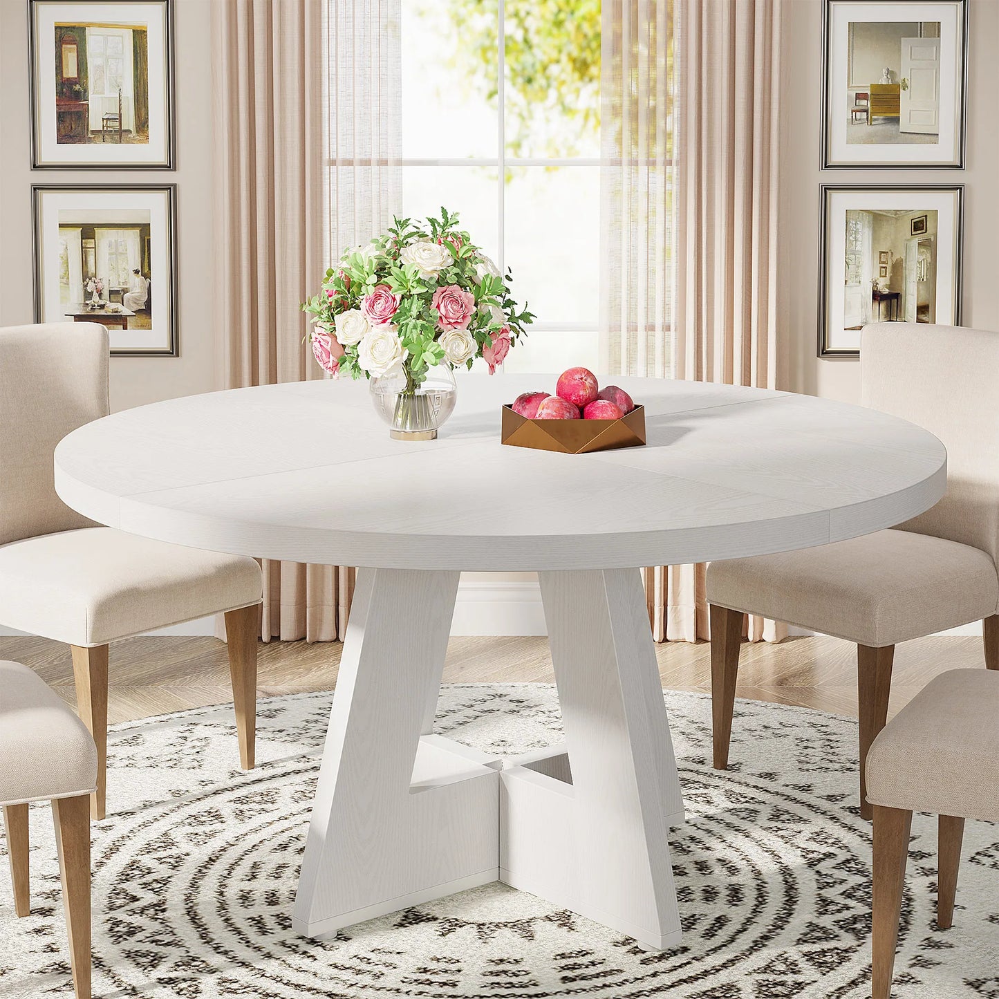 Round Dining Table for 4, 47 Inch Farmhouse Kitchen Table, for Dining Room.