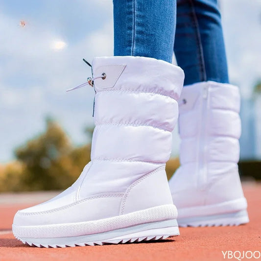 2025 Non Slip Waterproof Platform Casual Female White Shoes, Winter Thick Warm Plush Mid-calf Boots.