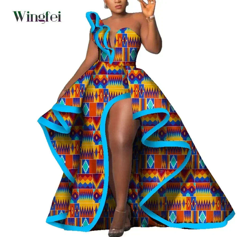 Dashiki Party Dresses Fashion Robe Floral Print Maxi, Long Strapless African Dresses for Women WY6981.