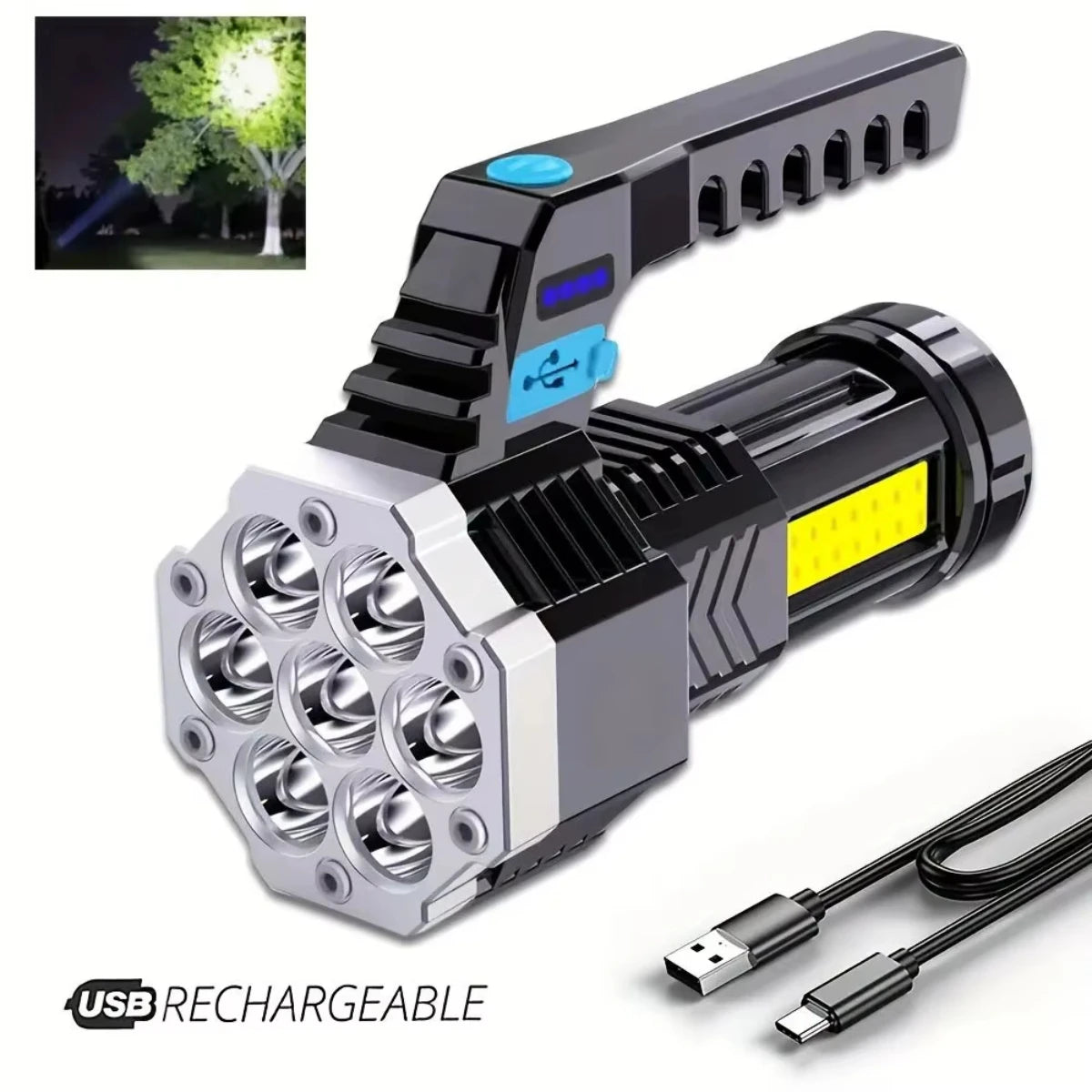 7LED High-Power Flashlight With USB Charging, COB Side Light - Suitable For Fishing, Camping, Hiking.