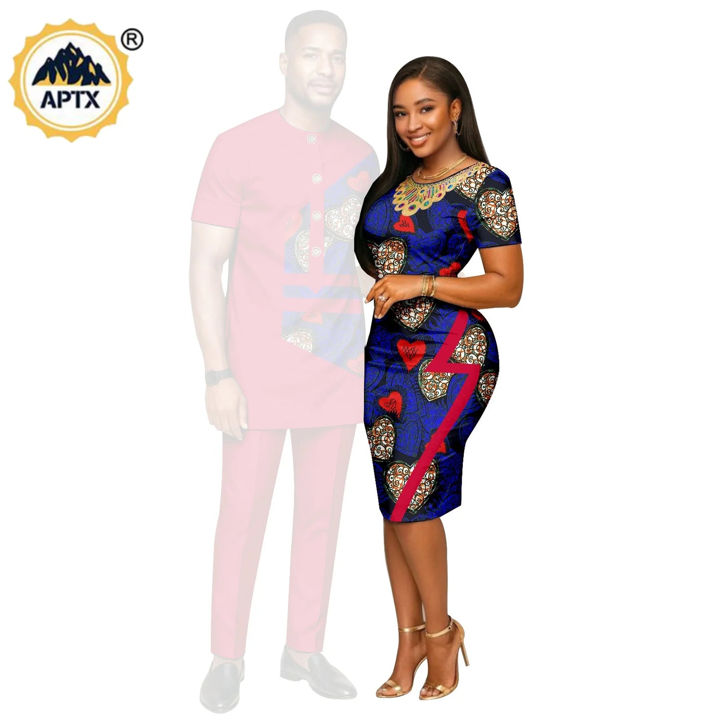 African Print Slim Hip Knee-length Dresses for Women, Matching Couple Outfits Dashiki Men Patchwork Top and Pant Sets 26C019.