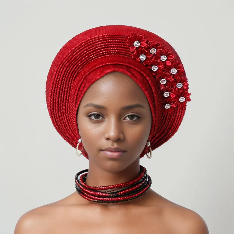Red Multi-Layered, Turban Hat African Fan Shaped Head Wraps ,Pleated Headwear With Crystal.