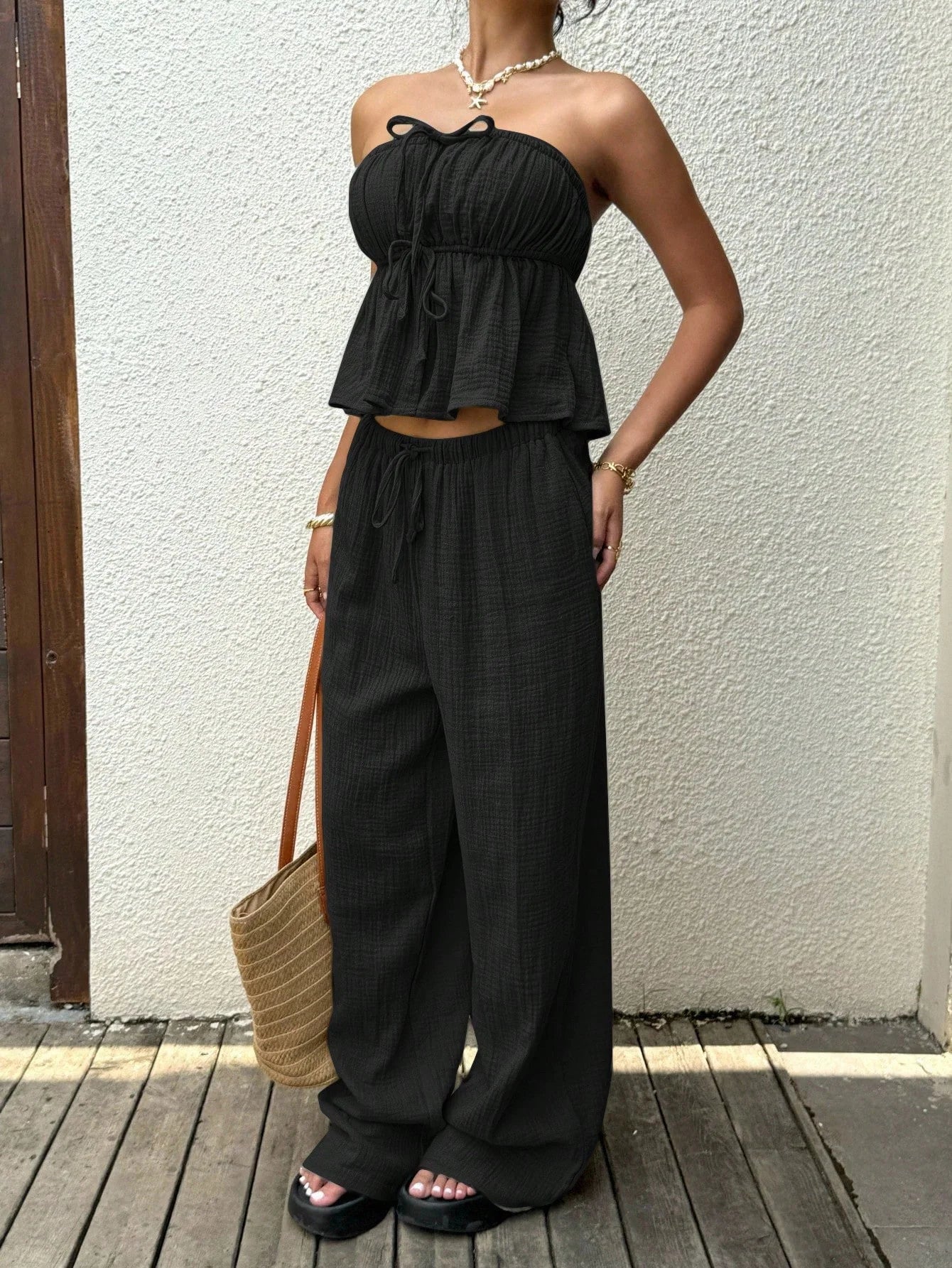 2 piece sets woman outfits, New women's casual two-piece lace up top and pants.