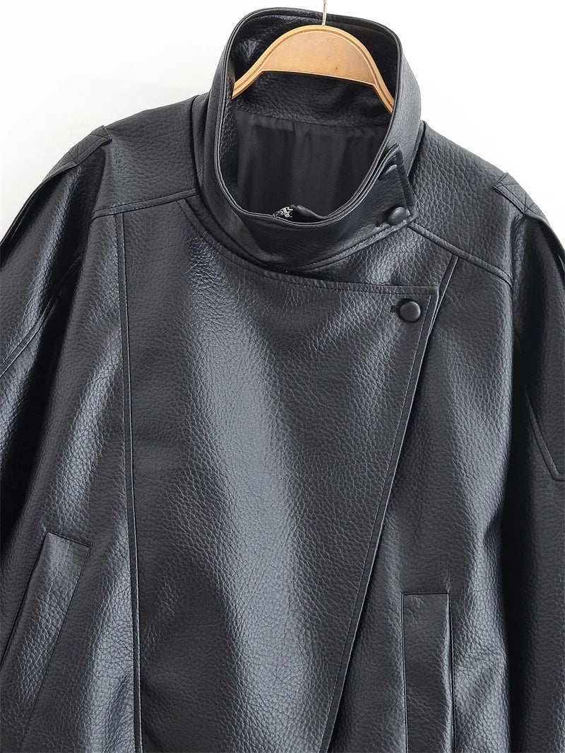 Women Fall 2025 New Black Long Sleeve Pebble Faux Leather Jacket.
