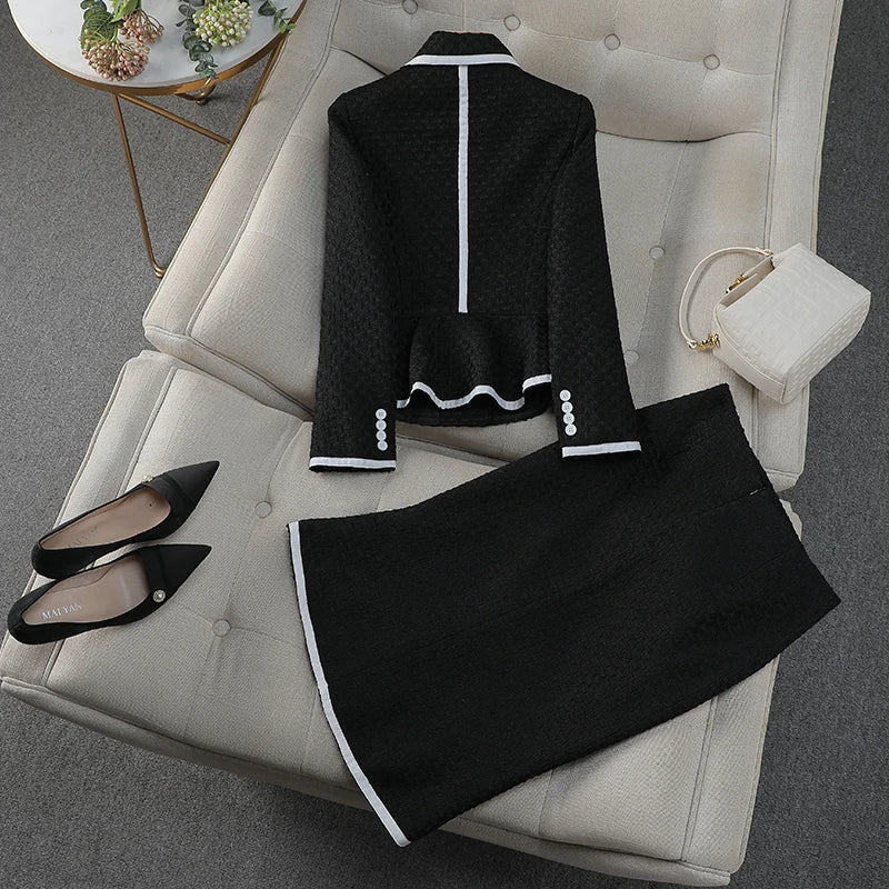 Black White Office Lady French Two Piece Suit ,Women, High Waist Midi Skirts, short blazer.