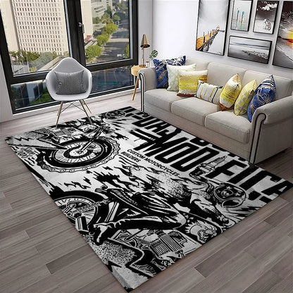 3D Retro Motorcycle Vintage  Rug for Living Room, Bedroom, Playroom Kid Area Rug Non-slip