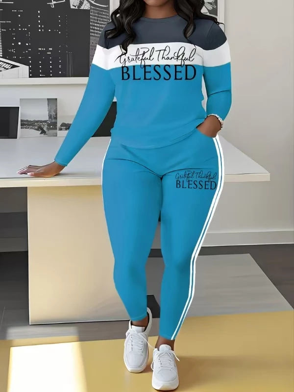 Plus Size Women's Casual Suit, Fashionable Letter Print Striped Color Two-Piece Set.