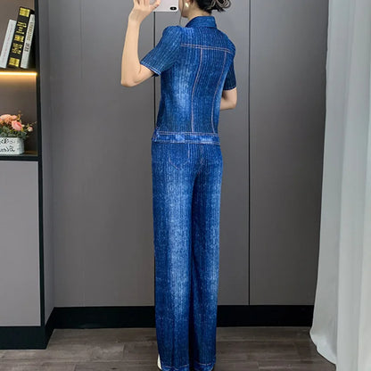 Denim Print Pleated Women's Two Pieces Set