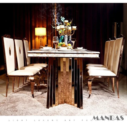 Luxury Dining Set: 6 Stainless Steel Genuine Leather, Rectangle Marble  Table
