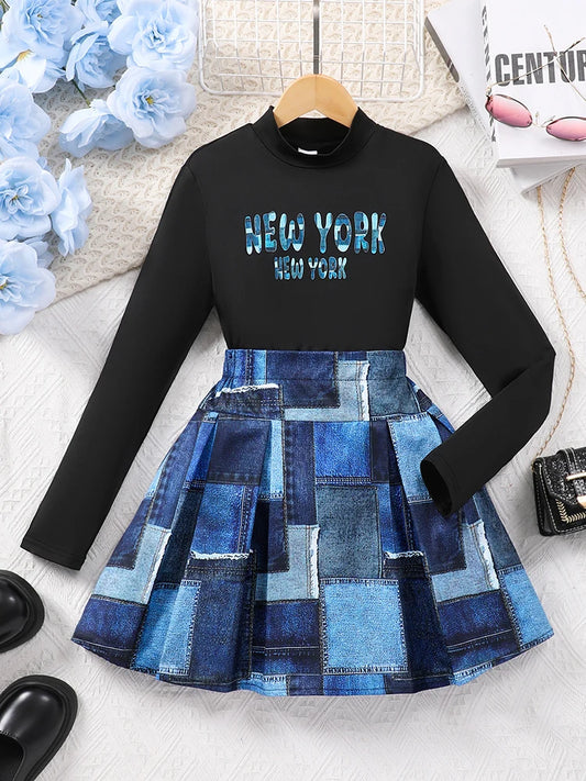 Spring And Autumn, Leisure Cute Girl High Collar, Printed Long Sleeve & Checkered Half Skirt.