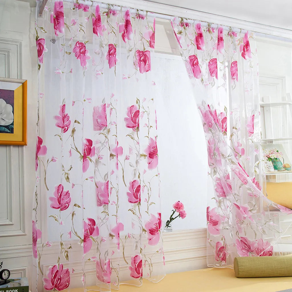 Floral Tulle Curtains For Living Room, White Sheer Curtains For Bedroom, Short Kitchen Window Curtains.