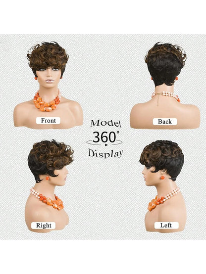 Short Pixie Wigs Short Brown Black Curly Pixie Wigs Synthetic Hair Wigs.
