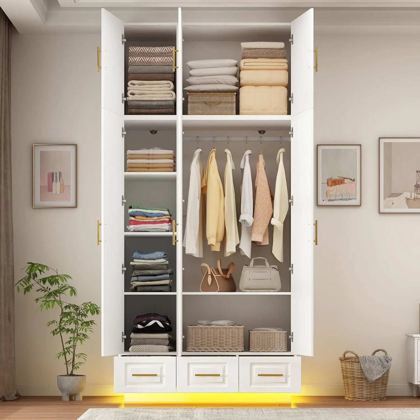 Large Armoire Wardrobe Closet Cabinet with Drawers and LED Lights, Large Capacity Storage 3 Door Wardrobe Armoire.