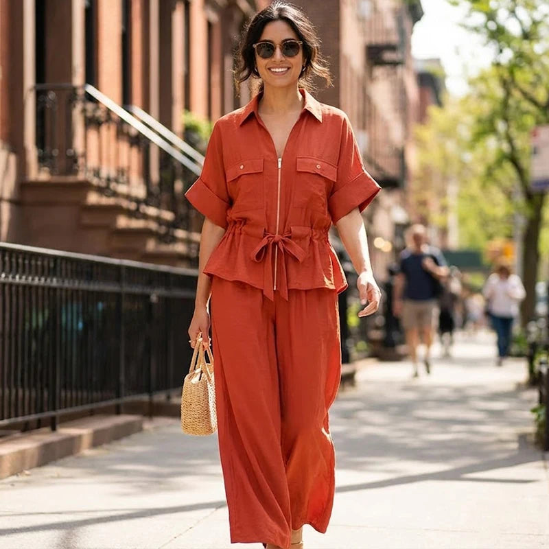 Women Fashion 2 Piece Set Solid Front Zipper Shirts & Vintage High Elastic Waist Trousers Female.