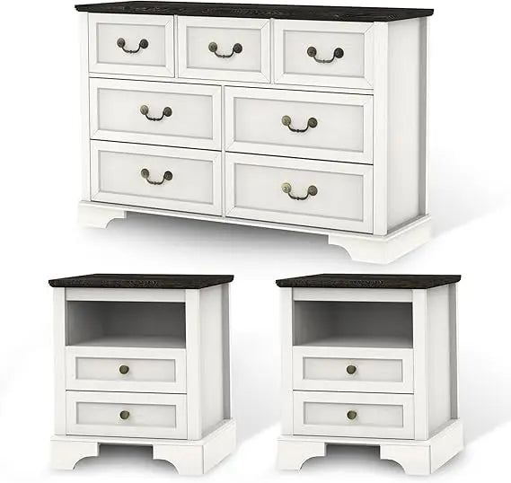 3 Pieces Bedroom Furniture Set, Rustic Wood 6 Drawer Dresser and Nightstands, Chest of Drawers.