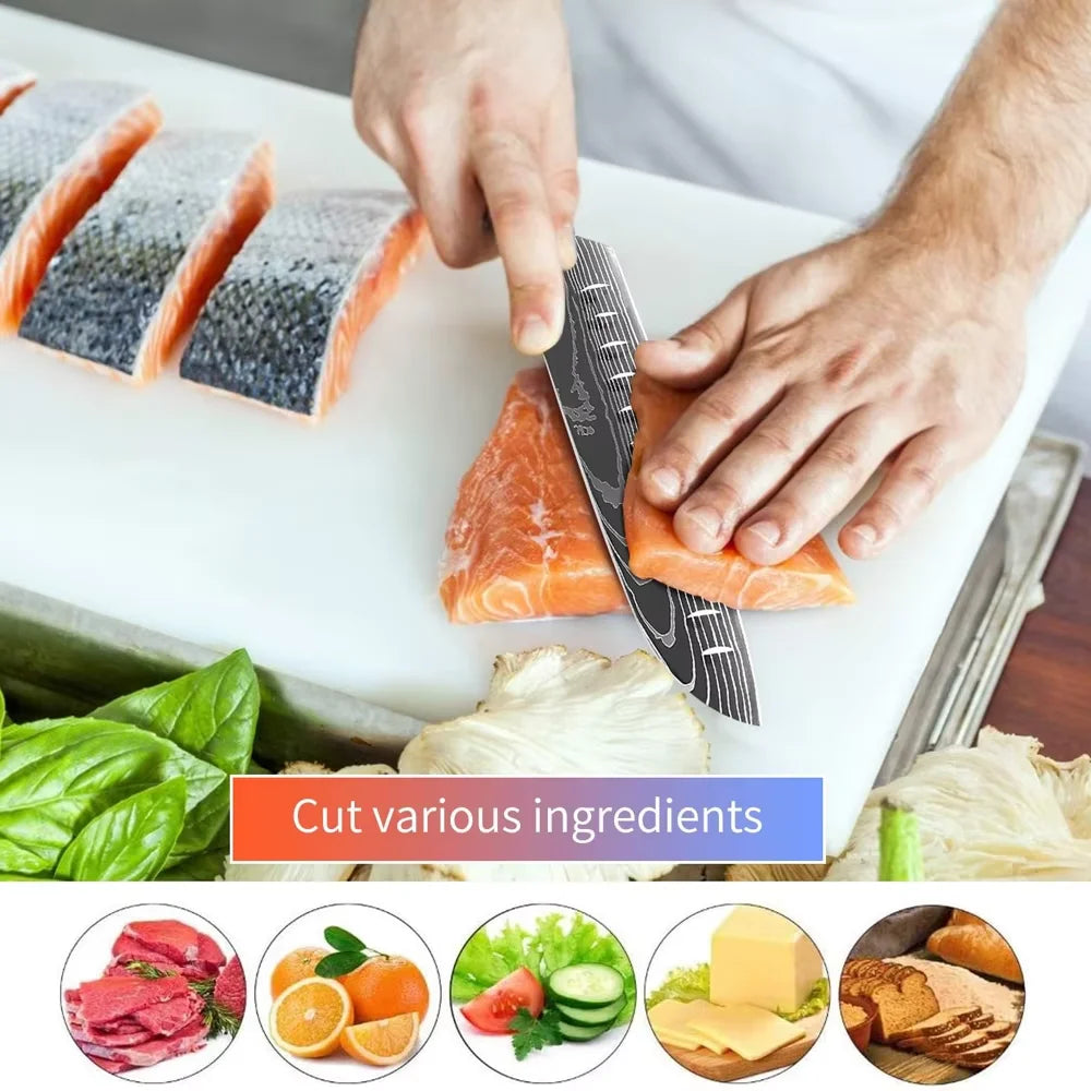 Knife Set 15-Piece Kitchen Set With Wooden Block, Laser Damascus Pattern Steel, Pro Chef ,With Scissor Sharpening Rod.