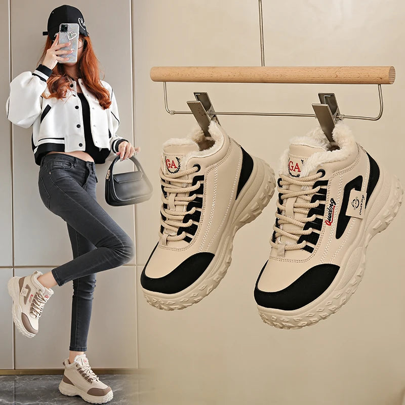 Winter high-top cotton shoes with fleece for women, outdoor casual sports, slip-resistant and durable.