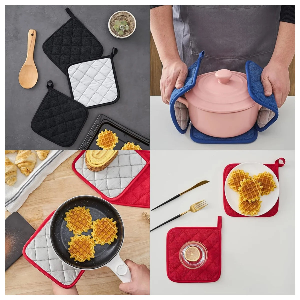 Kitchen Pot Holder Set, Heat Resistant Pure Cotton Potholder Kit, Large Coasters Hot Pads 4Pcs,17x17cm Terry Pot Holders.