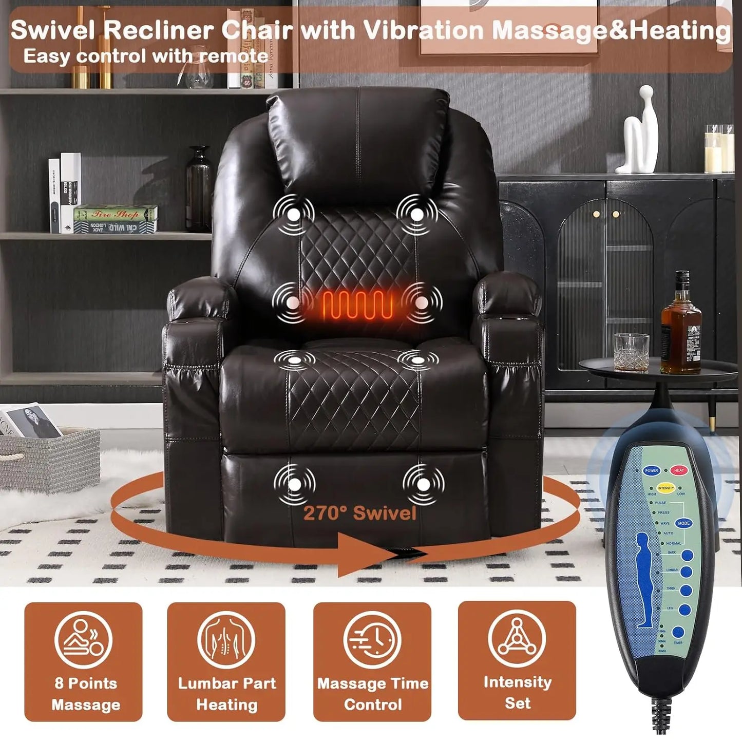 Power Swivel Rocker Recliner ,Heat Massage Cup Holder LED Lights USB , Comfortable Rocking Chair
