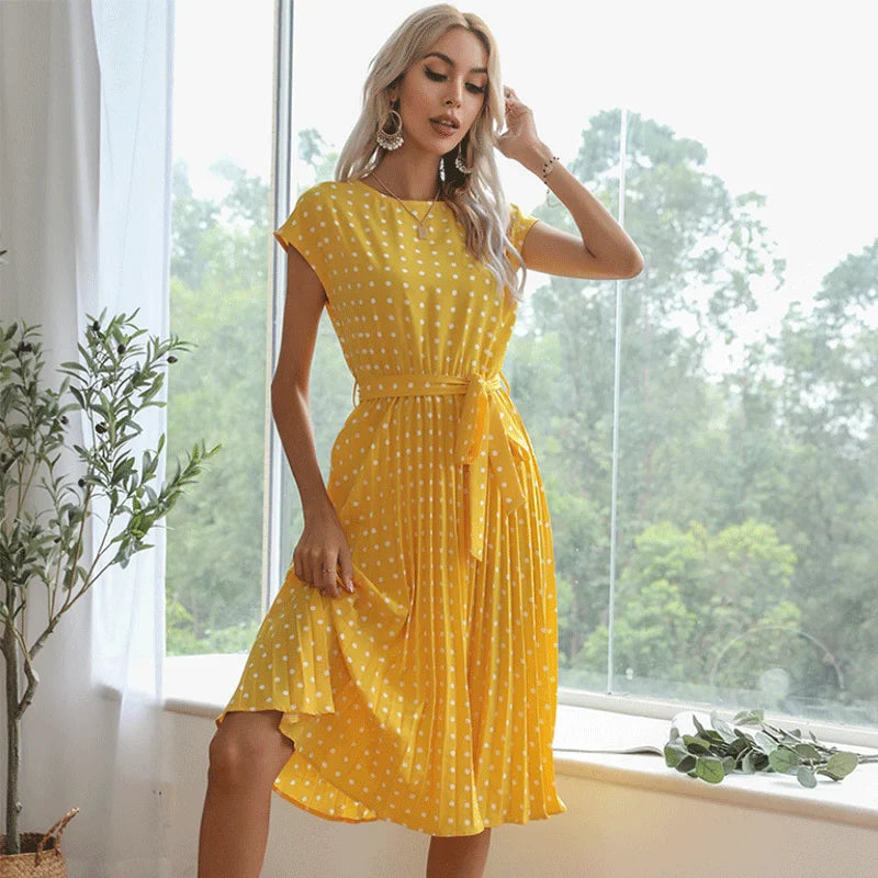Summer Dresses For Women High Waist Midi Elegant Pleated Polka Dots , Dinner Party Vacation Dress.