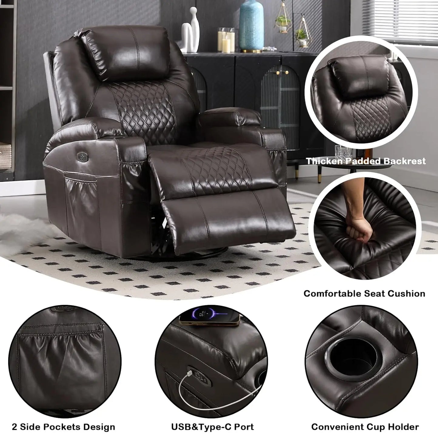 Power Swivel Rocker Recliner ,Heat Massage Cup Holder LED Lights USB , Comfortable Rocking Chair