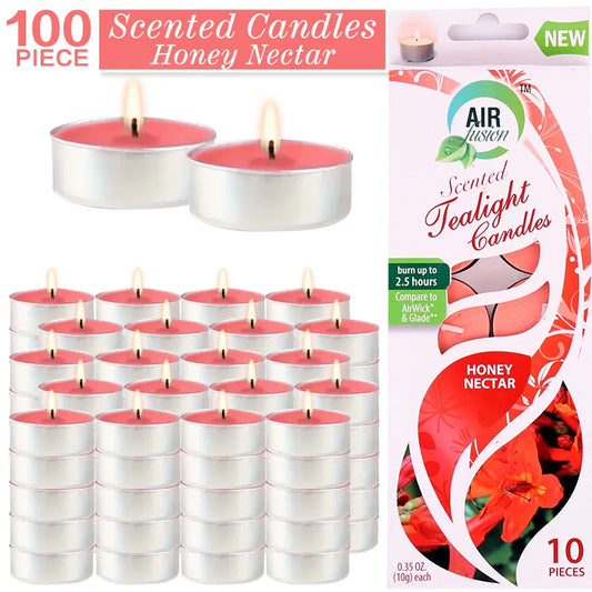 Air Fusion 100 Count Tea Lights Candles Tangerine, Honey Nectar, Scented Smoke-free Drip-free.