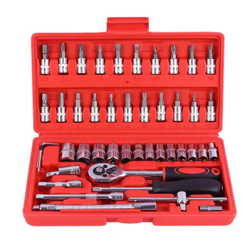 46pcs/Set Socket Wrench Diy Repair Tool Kit, Ratchet Screwdriver for Car Repair Hardware Toolbox for Auto Repairing and Household.