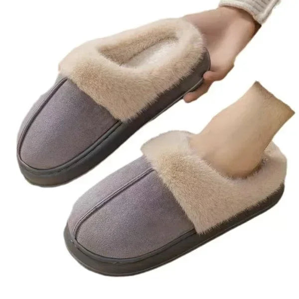 Fashionable women's plush slippers winter indoor, thick sole non-slip warm house shoes for home bedroom living room.
