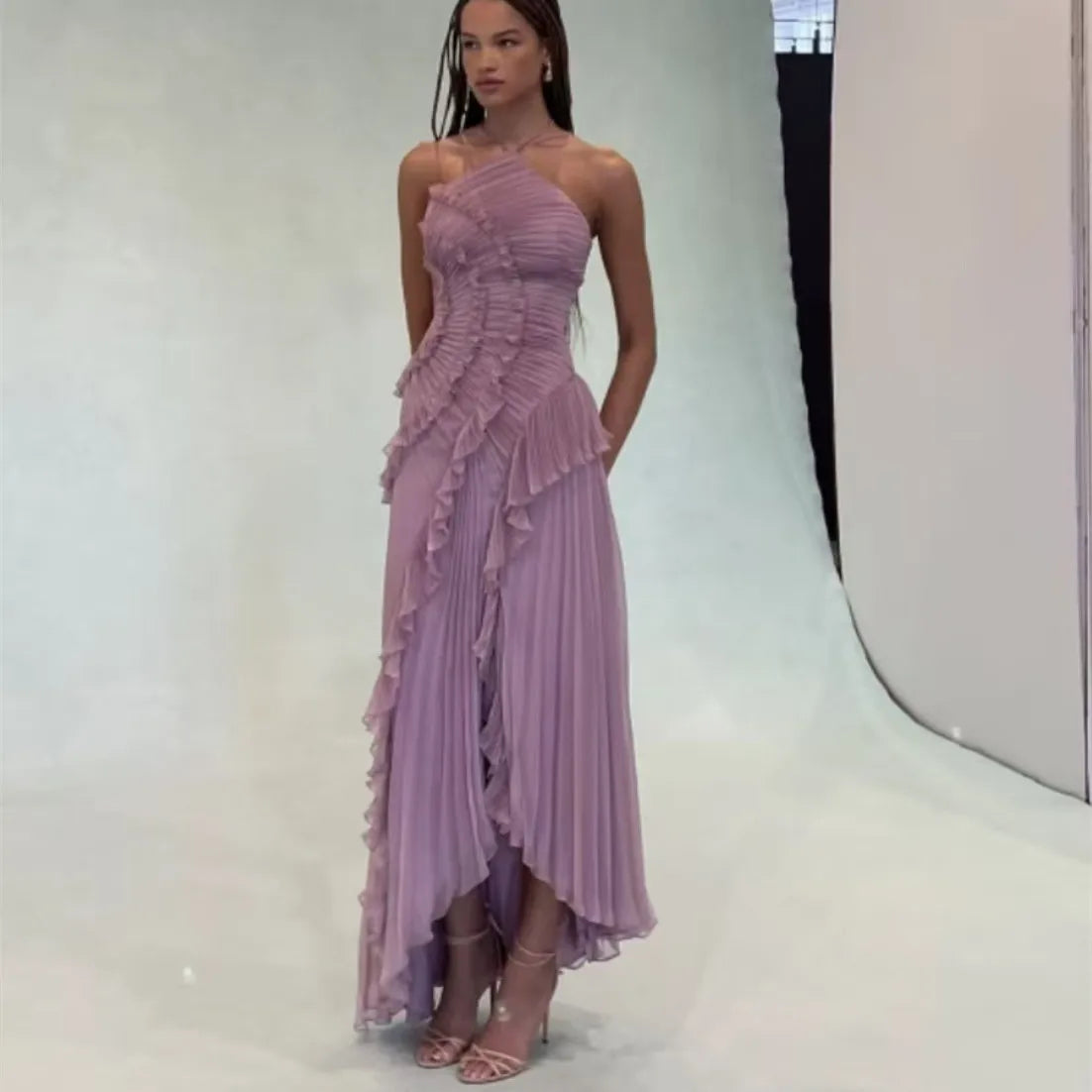 Elegant Women Ruffle Pleated Long Dress , Sleeveless Halter, Tiered Pleated , Maxi Dresses.