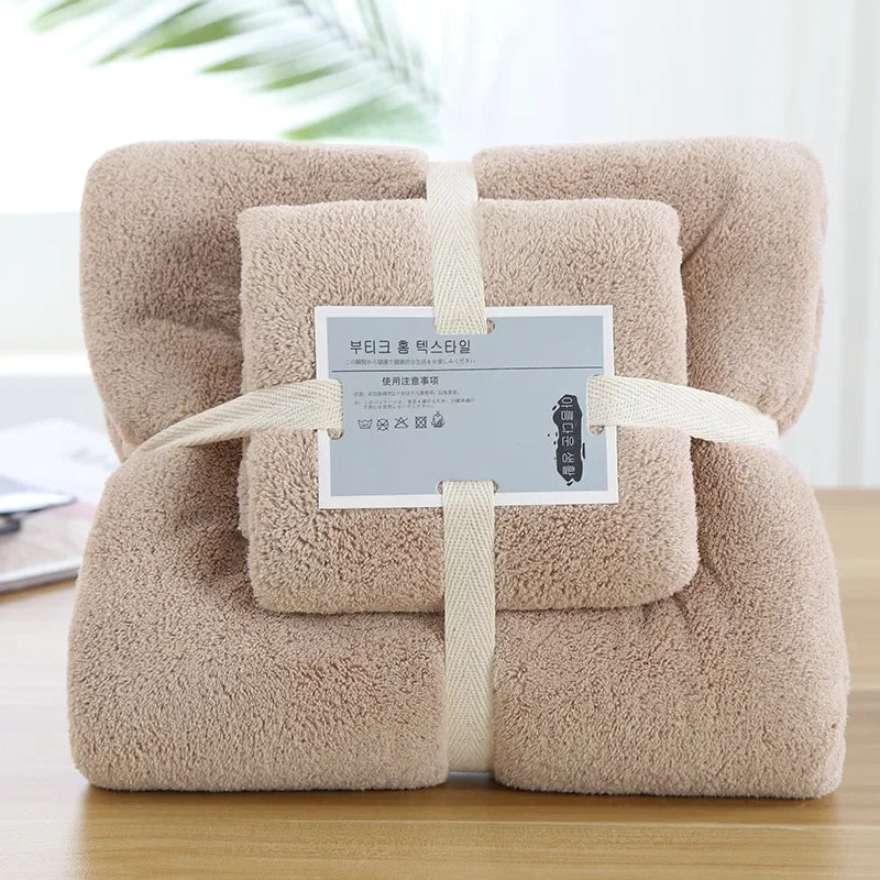 2pcs Set Luxury Super Large Towel Coral Fleece Bath Towel  Set for Adults 70x140cm 35x75cm