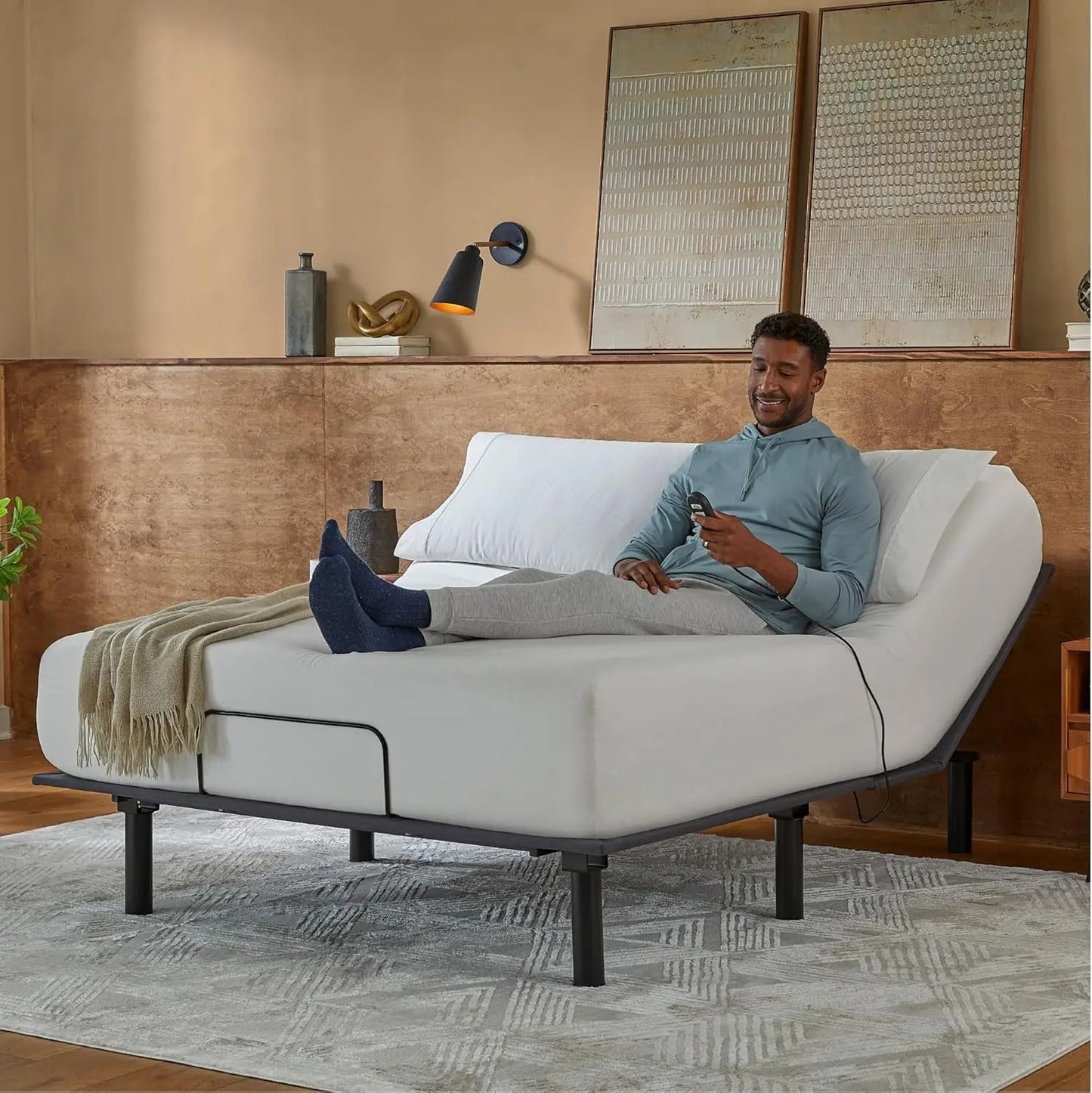 Adjustable Bed Frame with Head Lift, Foldable Design, Removable Legs for Split Cal King Size