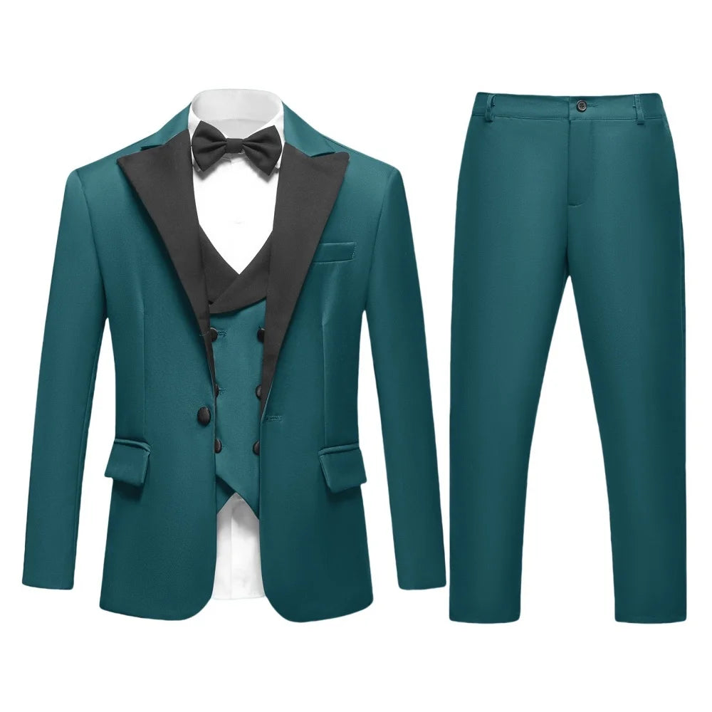 Boys Teal Elegant Shawl Neck 4 Piece Tuxedo Set, Blazer, Vest, Pants, Bowtie, Formal Wear for Kids Ages 3-14.