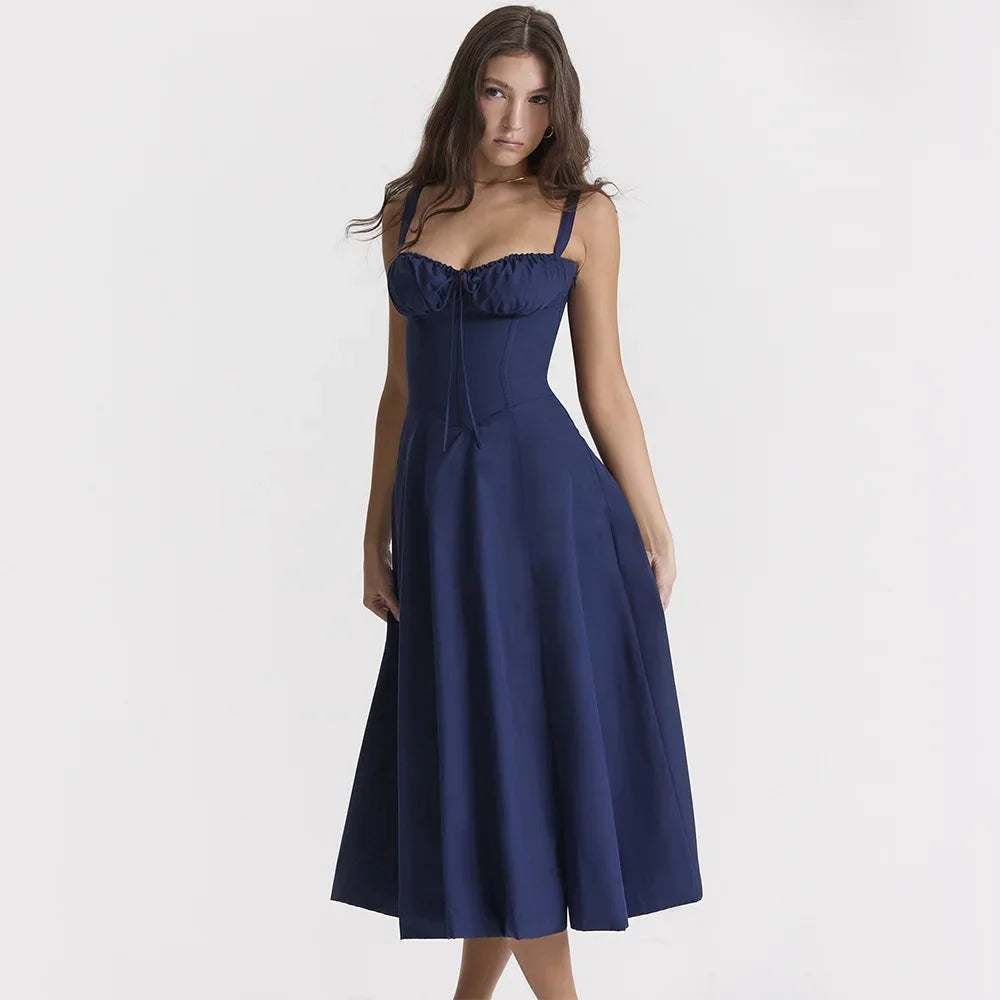 Elegant A Line Midi Dress, Sexy Spaghetti Strap Lace Up Red  Party Dresses.