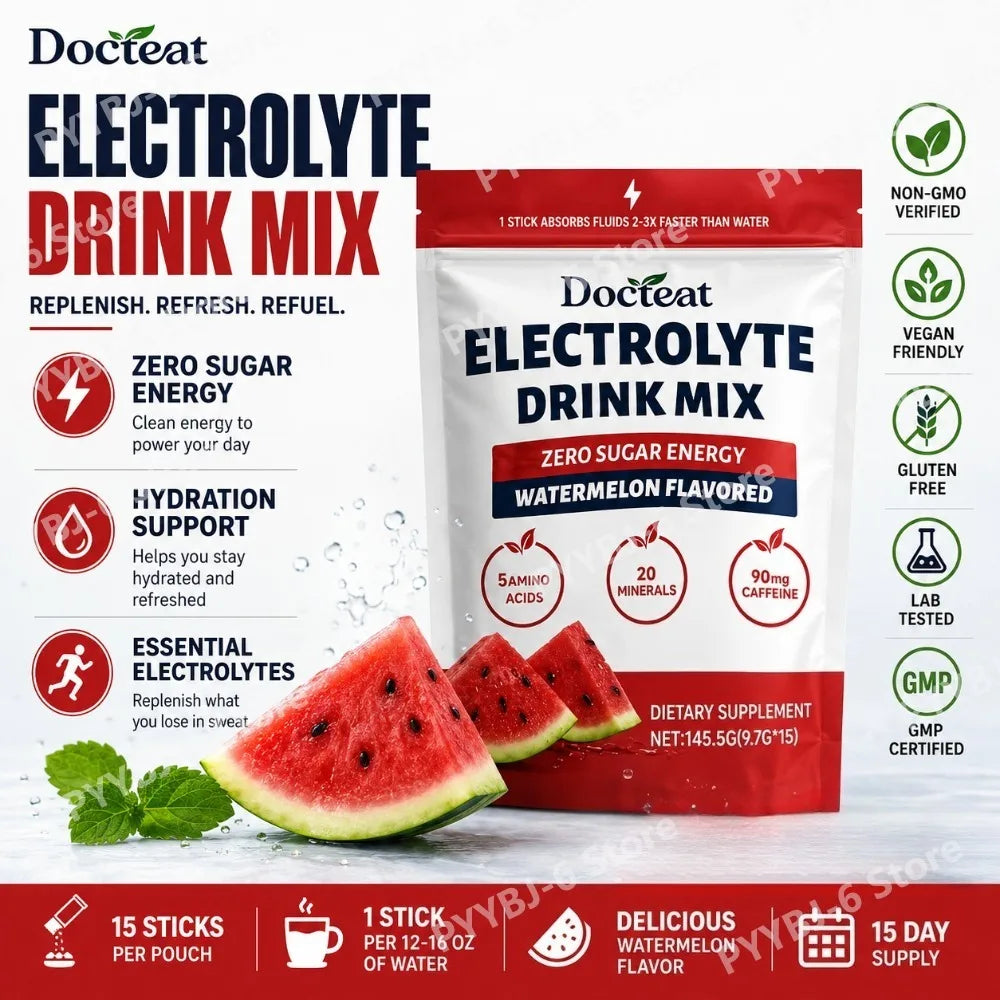 Electrolyte Drink Mix, Watermelon Flavored Zero Sugar Powder, 15 Servings, 90mg Caffeine with L-Citrulline and Taurine.