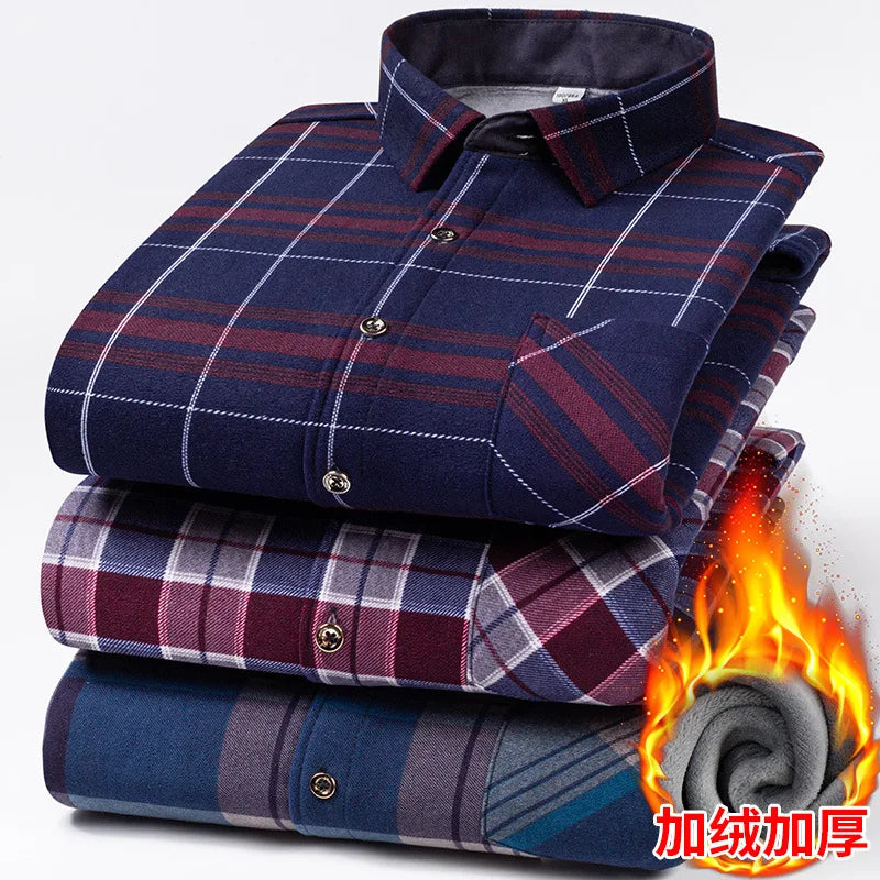 Men Travel, Casual ,Winter, Double-Sided Fleece, Warm Thickened Plaid Work Shirt.
