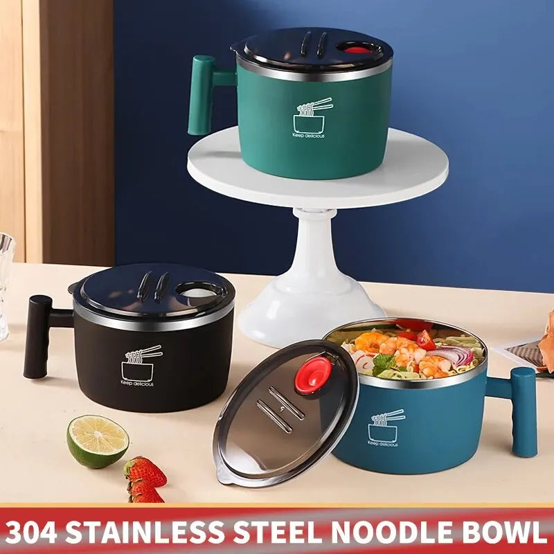 Stainless Steel Bowl With Lid For Instant Noodles, Sealed And Portable Drain Bowl For Kitchen.