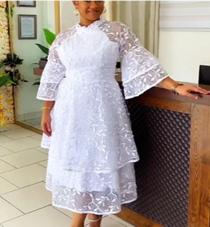 White Lace Dresses for Women , Elegant Turn Down Collar, Puff Sleeves Pleated Hem, Midi Dress Luxury Occasion Clothes.