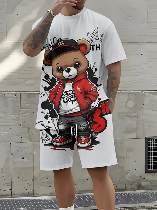 Conjunto de camiseta y shorts de cuello redondo suave y transpirable con estampado de oso de peluche, moda de verano para hombre.