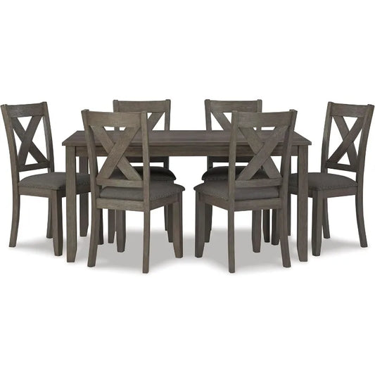 Rustic 7-Piece Dining Set, Gray Rectangular Table, with 6 Upholstered X-Back Chairs, Farmhouse Design.